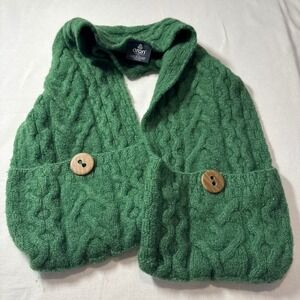 Aran Woollen Mills Green Cable Knit 100% Merino Wool Pocket Scarf Ireland Winter